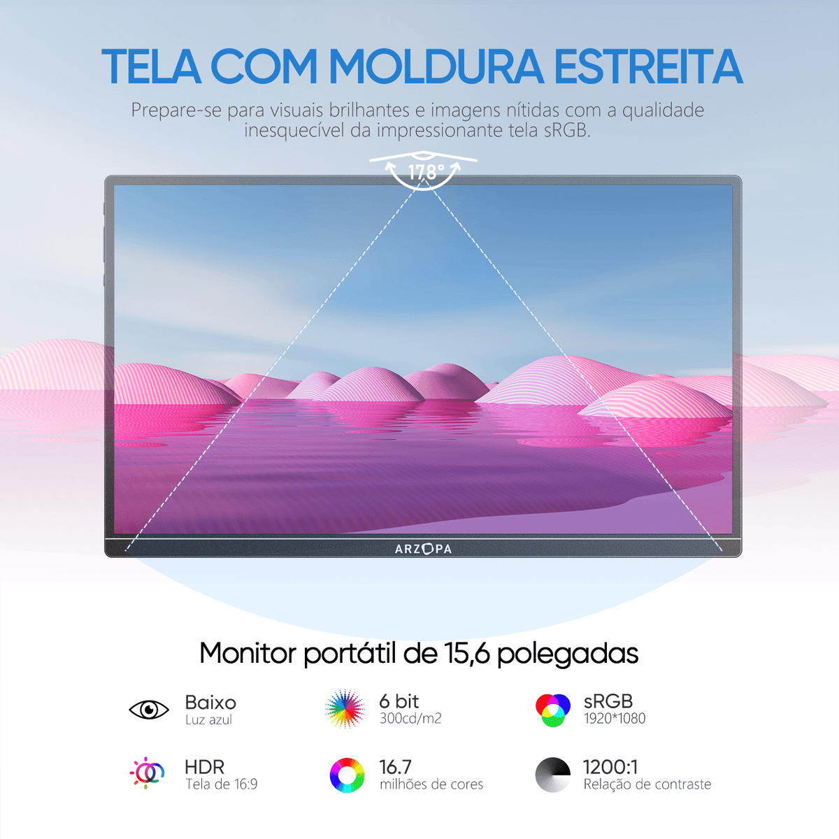 Arzopa A1 Monitor Portátil Trabalho | 15.6” FHD, 1080P, IPS, 60Hz, Mini - HDMI/USB - C - ARZOPA/BR