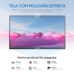 Arzopa A1 Monitor Portátil Trabalho | 15.6” FHD, 1080P, IPS, 60Hz, Mini - HDMI/USB - C - ARZOPA/BR