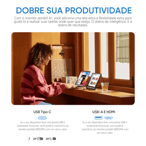 Arzopa A1 Monitor Portátil Trabalho | 15.6” FHD, 1080P, IPS, 60Hz, Mini - HDMI/USB - C - ARZOPA/BR