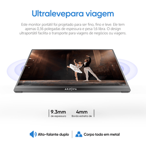 Arzopa A1 Monitor Portátil Trabalho | 15.6” FHD, 1080P, IPS, 60Hz, Mini - HDMI/USB - C - ARZOPA/BR