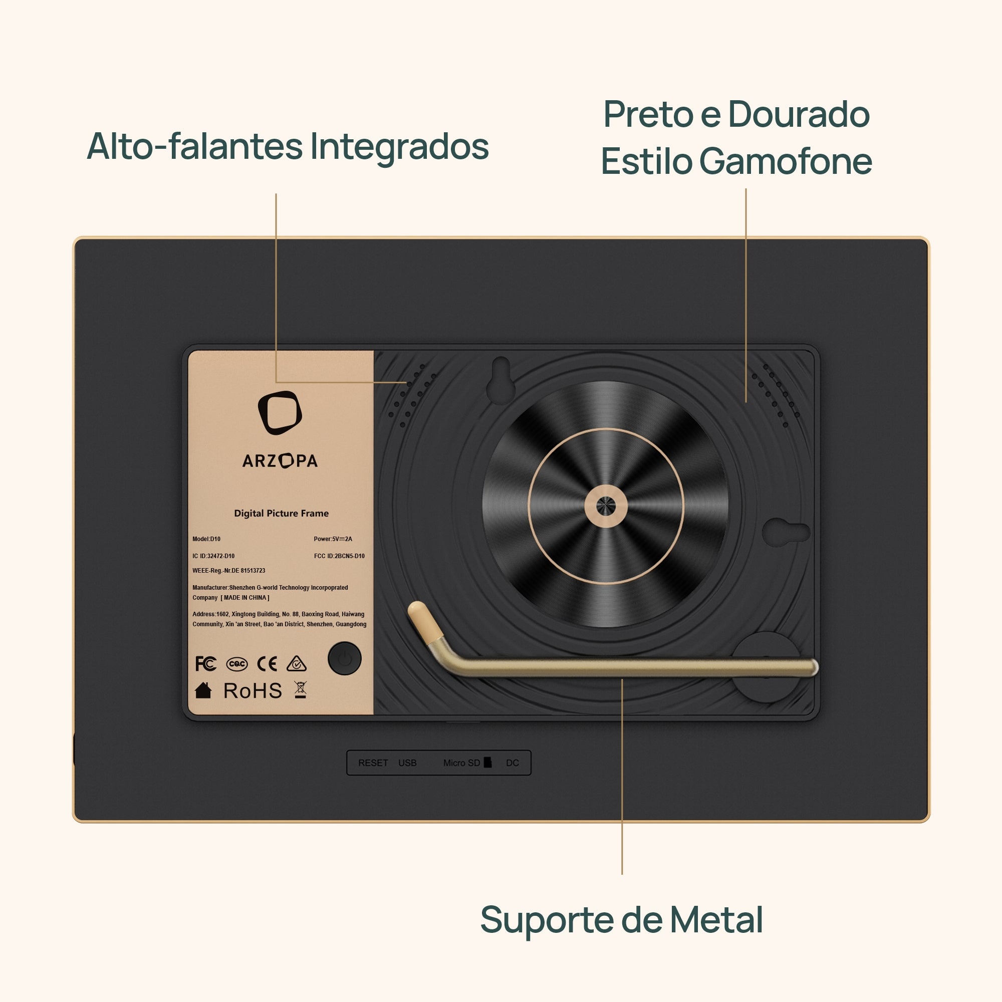 Porta-retratos Digital Arzopa D10 Dourado | Memórias com Estilo Moderno ...