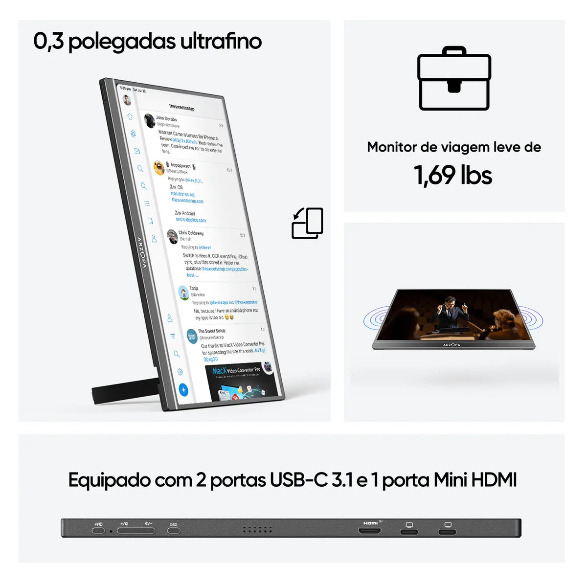 Arzopa A1M 17,3'' Ultrafino Monitor Portátil - 1080P FHD, IPS Tela Extendida - ARZOPA/BR