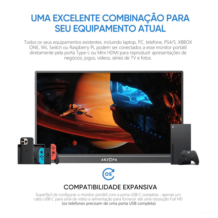 Arzopa A1M 17,3'' Ultrafino Monitor Portátil - 1080P FHD, IPS Tela Extendida - ARZOPA/BR