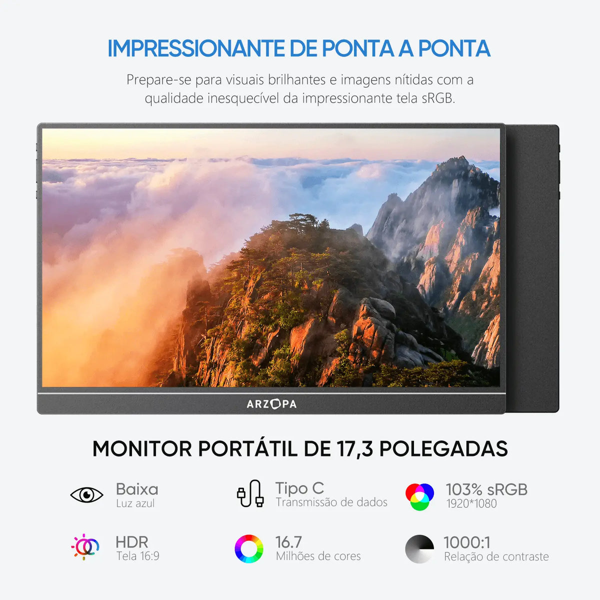 Arzopa A1M 17,3'' Ultrafino Monitor Portátil - 1080P FHD, IPS Tela Extendida - ARZOPA/BR