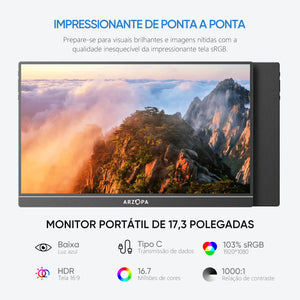 Arzopa A1M 17,3'' Ultrafino Monitor Portátil - 1080P FHD, IPS Tela Extendida - ARZOPA/BR
