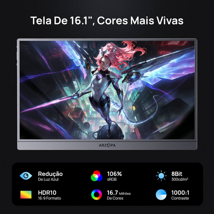 Arzopa Z1FC 16.1'' 144hz IPS Cinza Monitor Portátil Gamer - Com Bolsa Brinde - ARZOPA/BR