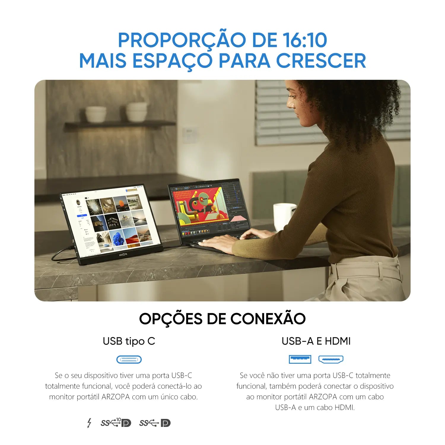 2,5K Monitor Portátil Arzopa Z1RC | 16'' Alta Brilho QHD Tela IPS ...
