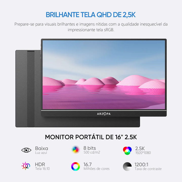 2,5K Monitor Portátil Arzopa Z1RC | 16'' Alta Brilho QHD Tela IPS ...