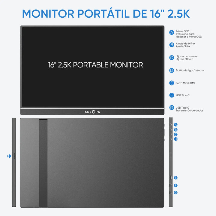 2,5K Monitor Portátil Arzopa Z1RC | 16'' Alta Brilho QHD Tela IPS ...