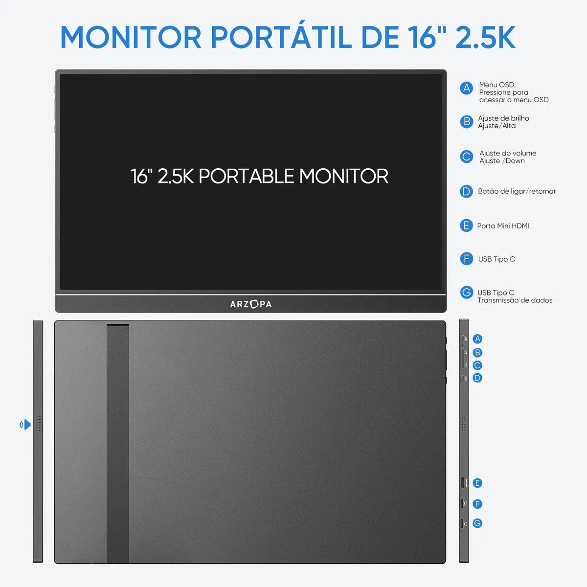 Arzopa Z1RC - Monitor 2.5K De 16 Polegadas QHD 500nits Com Tela IPS - ARZOPA/BR