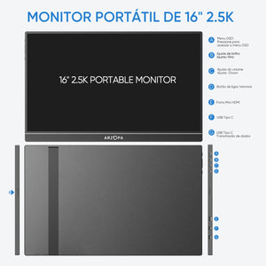 Arzopa Z1RC - Monitor 2.5K De 16 Polegadas QHD 500nits Com Tela IPS - ARZOPA/BR