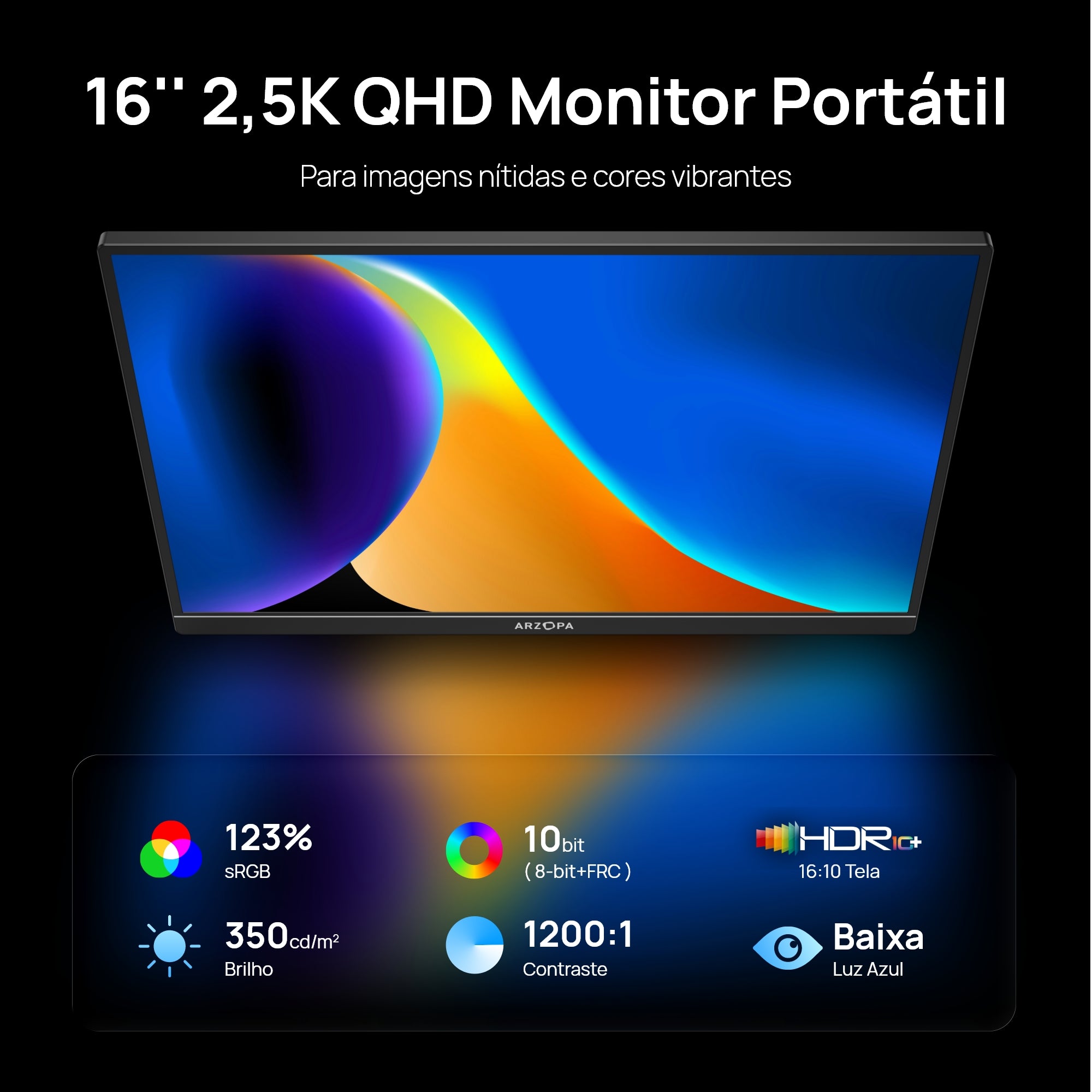 2,5K Monitor Portátil Arzopa Z1RC | 16'' Alta Brilho QHD Tela IPS