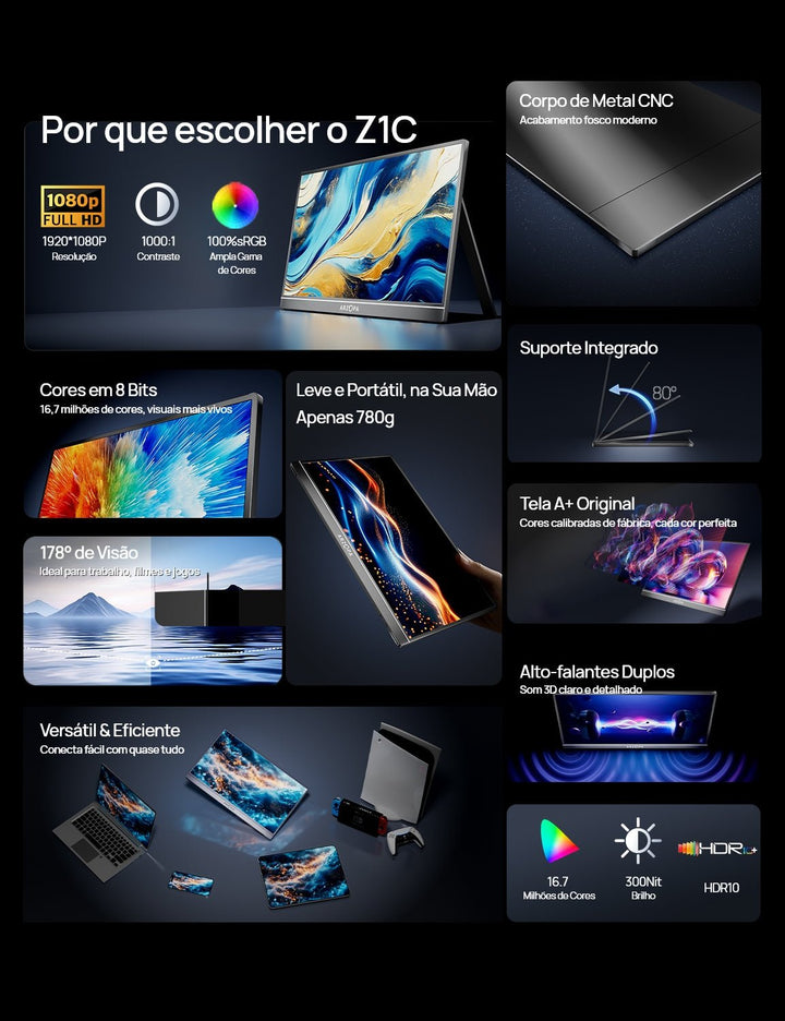 Arzopa Z1C Monitor Portátil - 16.1" Full HD 1080P Extensor de Monitor 100% sRGB - ARZOPA/BR